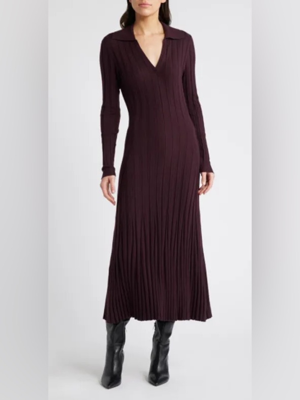 Reiss Winnie Rib Long Sleeve Knit Sweater Midi Dress Burgundy Purple Medium $350